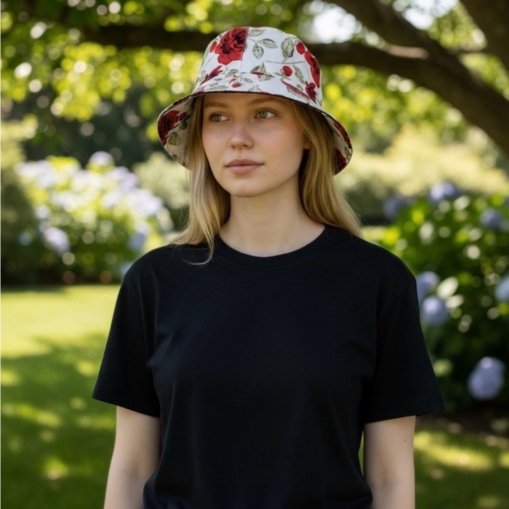 Red Floral on Cream Bucket Hat for Women